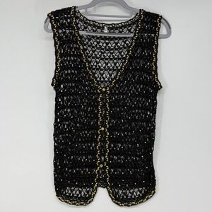 Vintage Korea Black Crochet Gold Beaded Open Knit Boho Festival Vest